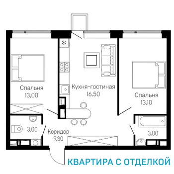 2-комнатная квартира 58,10 кв. м, 10/12 этаж