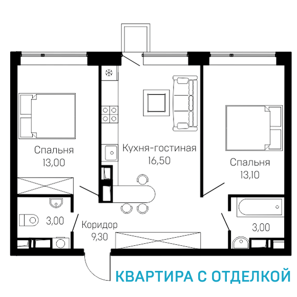 2-комнатная квартира 57,90 кв. м, 9/12 этаж