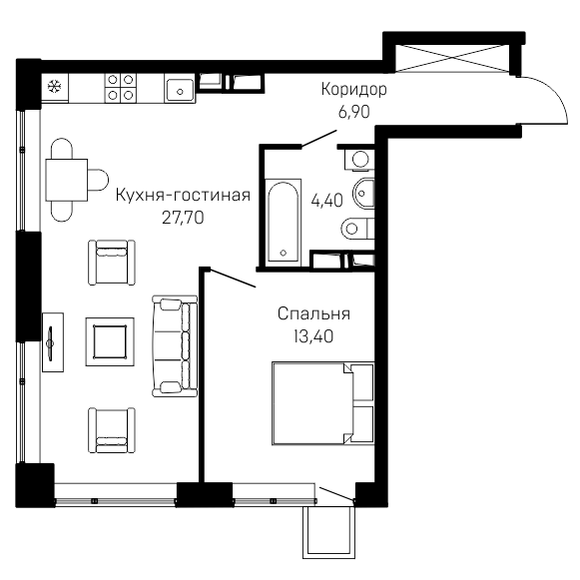 1-комнатная квартира-студия 52,6 кв.м, 2/12 этаж